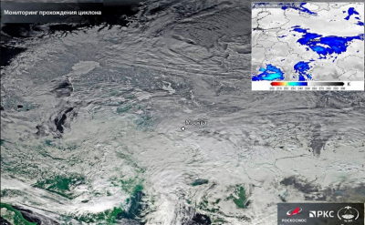 Роскосмос опубликовал спутниковый снимок циклона, накрывшего Москву снегопадом